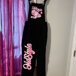 Old Style Black Overalls with Pink Logo